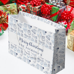 Bolsa De Regalo Grande Navidades de ropa de invierno de punto azul blanco