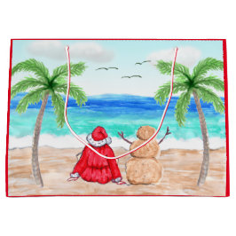 Bolsa De Regalo Grande Navidades de Santa y Sand Snowman en la playa