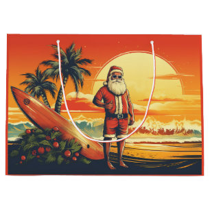 Bolsa De Regalo Grande Navidades del Santa y Surfboard Retro Surfing Beac
