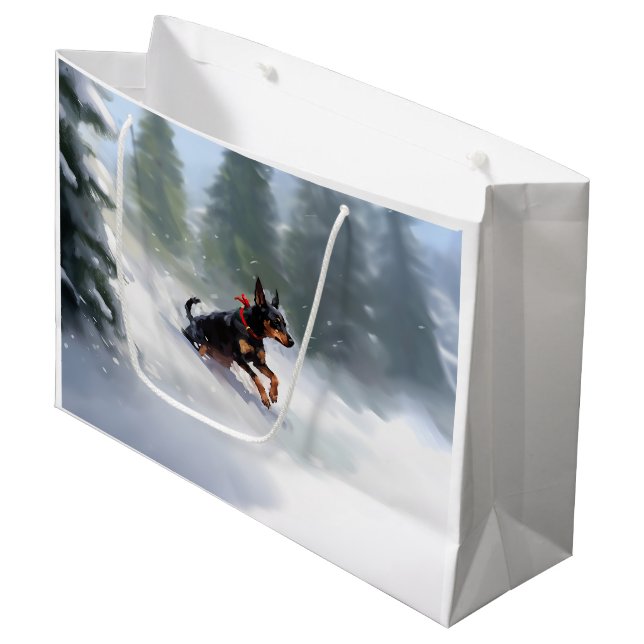 Bolsa De Regalo Grande Navidades Doberman Pinscher en invierno (Angulo Anverso)