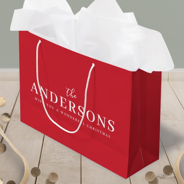 Bolsa De Regalo Grande Navidades elegantes | Luminoso nombre moderno rojo (Custom name Christmas gift bag for modern festive gifting)