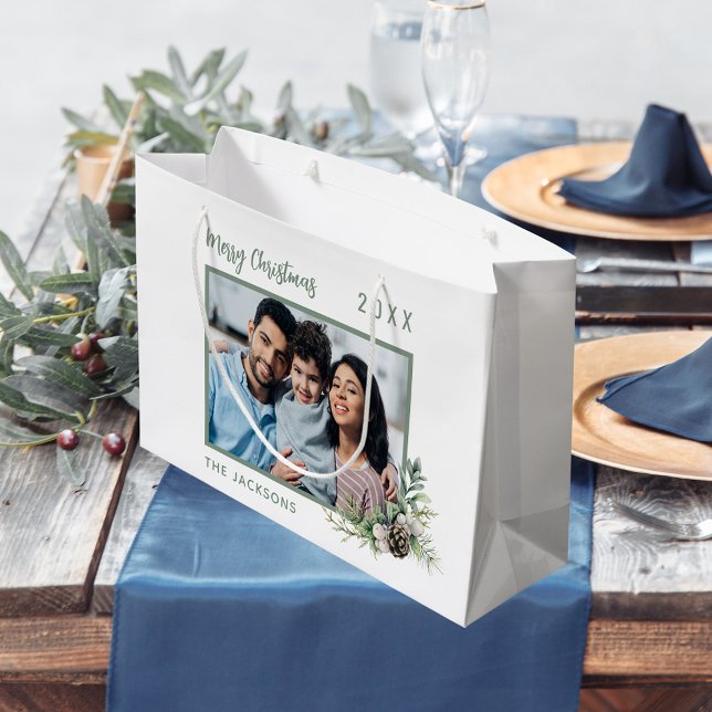 Bolsa De Regalo Grande Navidades familia foto cono blanco nombre de pino (Subido por el creador)