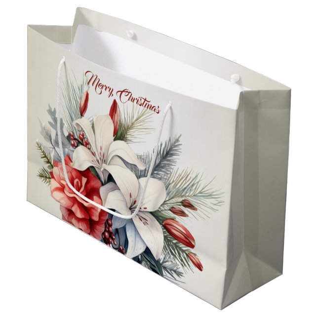 Bolsa De Regalo Grande Navidades Flores Rojas Blancas Fiestas Elegantes (Angulo Anverso)