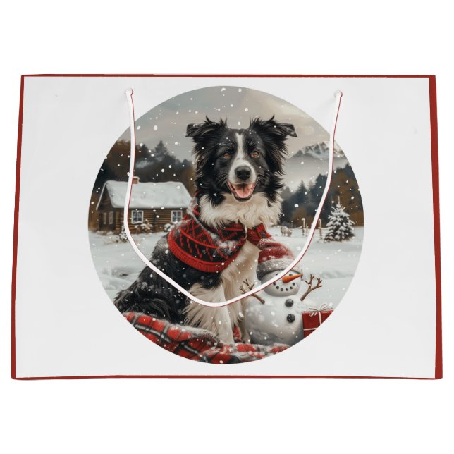 Bolsa De Regalo Grande Navidades Fronteriza Perro de Collie Snowman (Anverso)