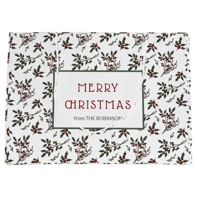 Bolsa De Regalo Grande Navidades Holly Modernos Planta Patrón Blanco (Anverso)