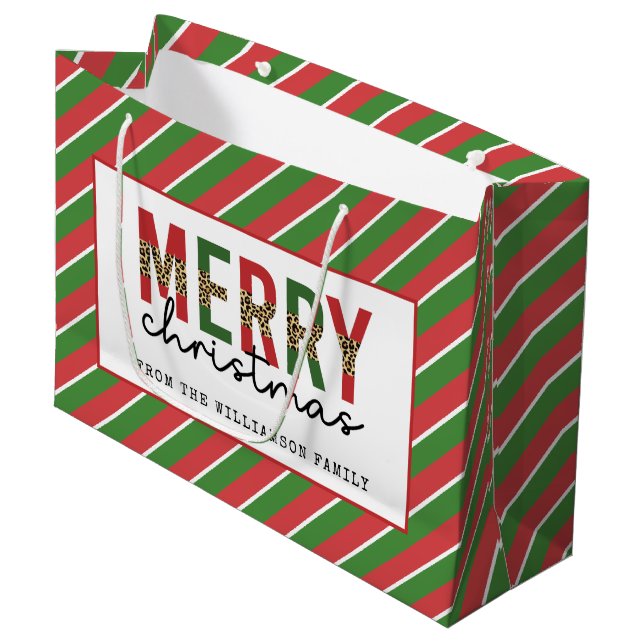 Bolsa De Regalo Grande Navidades modernos leopardo imprimen rayas verdes  (Angulo Anverso)