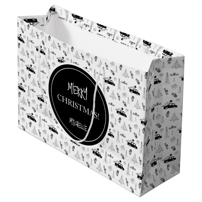 Bolsa De Regalo Grande Navidades modernos: negro y blanco personalizado (Angulo Anverso)