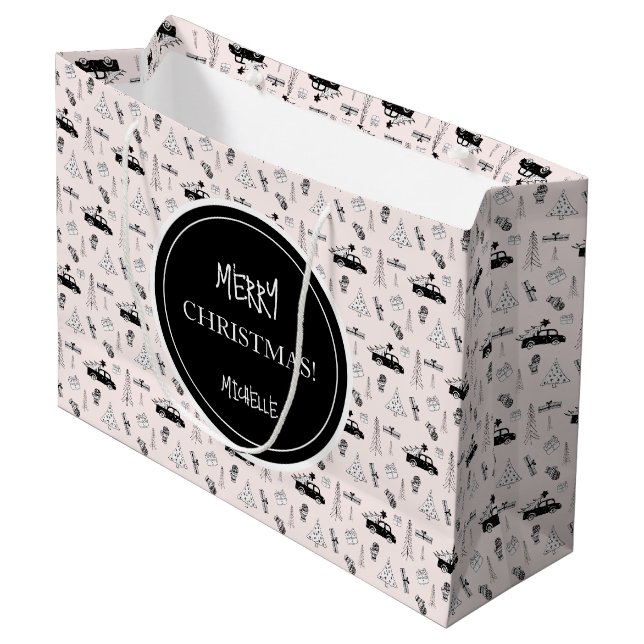 Bolsa De Regalo Grande Navidades modernos, negros y blancos personalizado (Angulo Anverso)