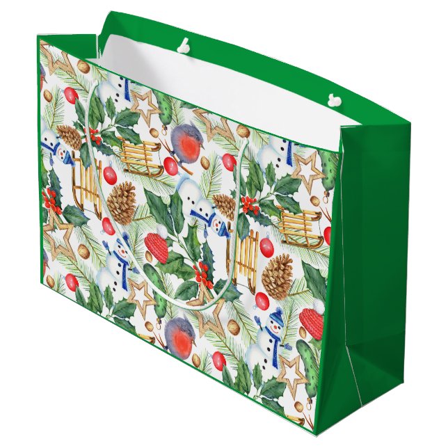 Bolsa De Regalo Grande Navidades navideños navideños Snowman, piñones, Ho (Angulo reverso)