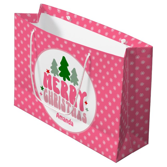 Bolsa De Regalo Grande Navidades personalizados de Retro Rosado (Angulo Anverso)