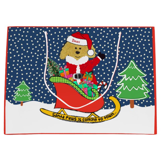 Bolsa De Regalo Grande Navidades personalizados GoldenDoodle Santa Sleigh (Anverso)