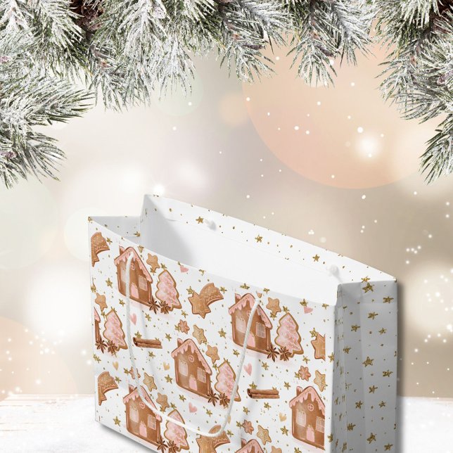 Bolsa De Regalo Grande Navidades Pink Brown Gingerbread Houses Gold Stars (Subido por el creador)