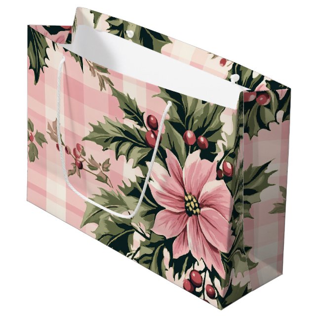 Bolsa De Regalo Grande Navidades Pink Plaid Poinsettia (Angulo Anverso)