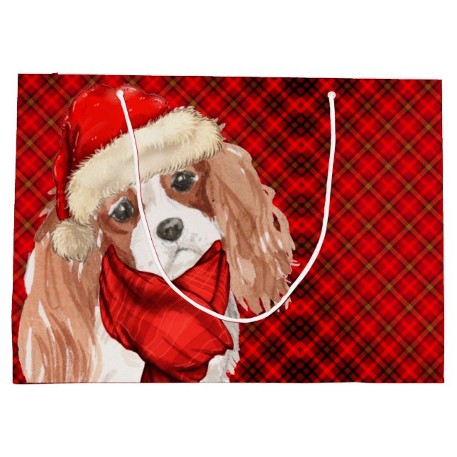 Bolsa De Regalo Grande Navidades Rey Charles Terrier Perro y Red Plaid (Reverso)