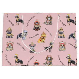 Bolsa De Regalo Grande Navidades rosados ilustran perros adornados