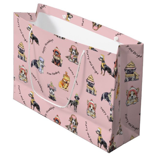 Bolsa De Regalo Grande Navidades rosados ilustran perros adornados (Angulo Anverso)