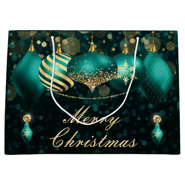 Bolsa De Regalo Grande Navidades verde azulados y dorados baubles adornos (Anverso)