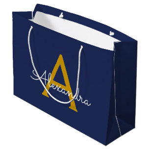Bolsa De Regalo Grande Navy Blue Gold Modern Script Girly Monograma Nombr