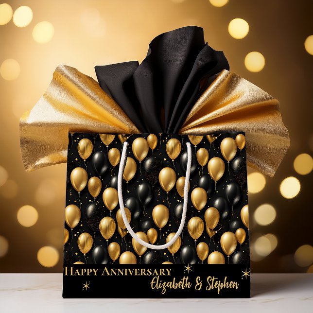 Bolsa De Regalo Grande Negra | Globos de oro Feliz Aniversario (Elegant Black and Gold Faux Glitter Balloons Pattern A022 "Happy Anniversary" [Names] Large Gift Bag)
