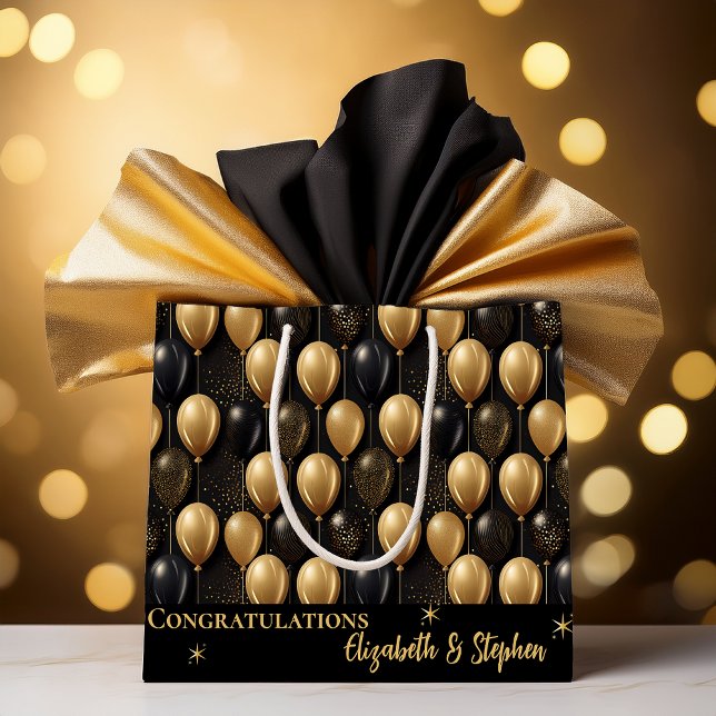 Bolsa De Regalo Grande Negra | Nombres de las felicitaciones a los globos (Elegant Black and Gold Faux Glitter Balloons Pattern A023 "Congratulations" [Name(s)] Large Gift Bag)