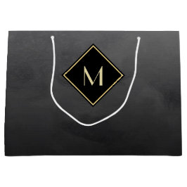 Bolsa De Regalo Grande Negro Cepillado Elegante Con Monograma De Oro Simp