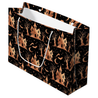 BOLSA DE REGALO GRANDE NEGRO CON CASAS EMBRUJADAS DE HALLOWEEN DE COBRE