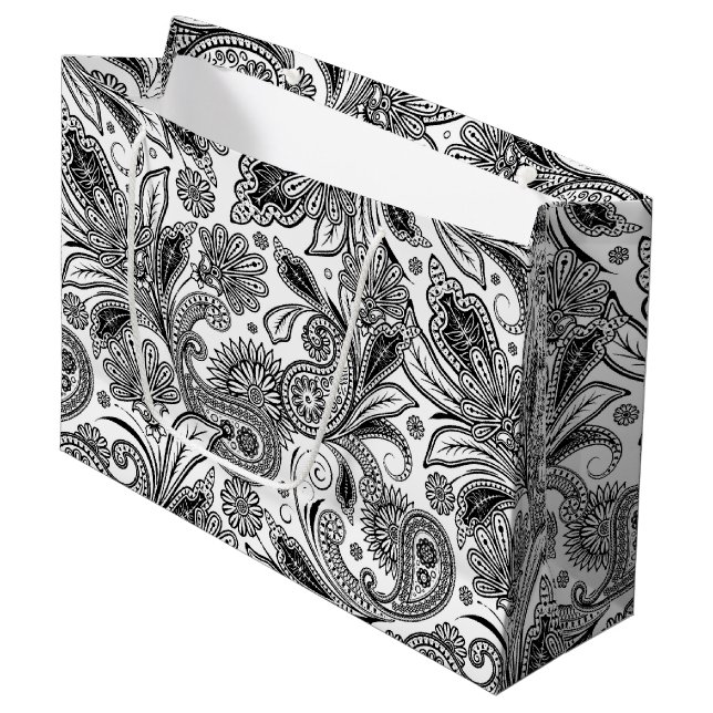 Bolsa De Regalo Grande Negro y blanco paisley  (Angulo Anverso)