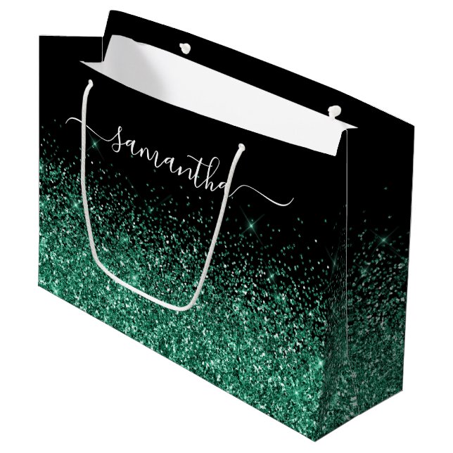 Bolsa De Regalo Grande Negro y Caza Verde Glitter Elegante Nombre (Angulo Anverso)