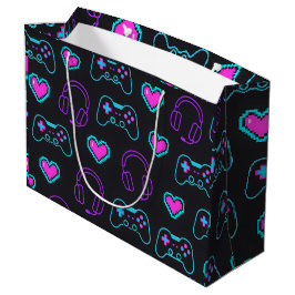 Bolsa De Regalo Grande Neon Gamer Controller and Hearts Pattern