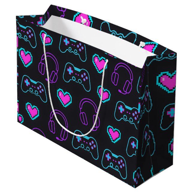 Bolsa De Regalo Grande Neon Gamer Controller and Hearts Pattern (Angulo reverso)