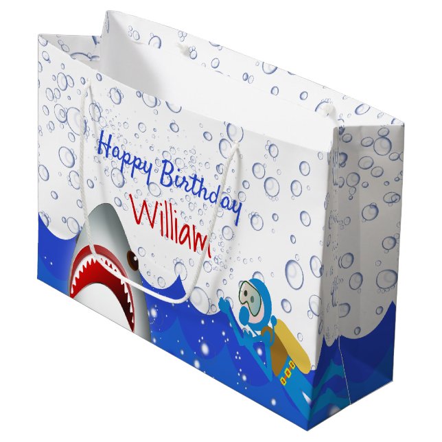 Bolsa De Regalo Grande Niños de la fiesta de cumpleaños del tiburón marin (Angulo Anverso)