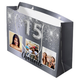 Bolsa De Regalo Grande Nombre de la foto de Quinceanera Silver purpurina