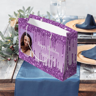 Bolsa De Regalo Grande Nombre de la foto del purpurina púrpura de cumplea