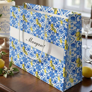 Bolsa De Regalo Grande Nombre de monograma de acuarela de baldosa azul li