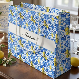 Bolsa De Regalo Grande Nombre de monograma de acuarela de baldosa azul li