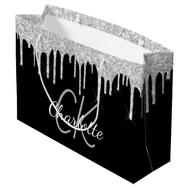 Bolsa De Regalo Grande Nombre de monograma de plata negra moderno y elega (Angulo reverso)