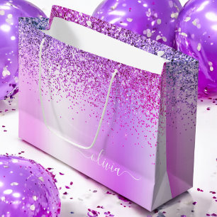 Bolsa De Regalo Grande Nombre de Monograma de Purpurina Brillante de Meta