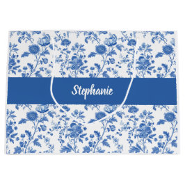 Bolsa De Regalo Grande Nombre de monograma floral vintage azul blanco