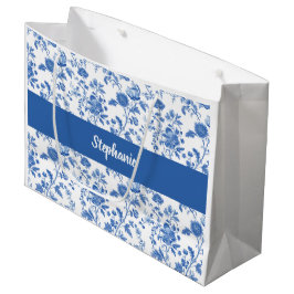 Bolsa De Regalo Grande Nombre de monograma floral vintage azul blanco