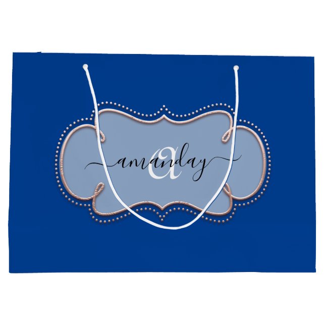 Bolsa De Regalo Grande Nombre de monograma real con marco de Rosa Azul (Reverso)