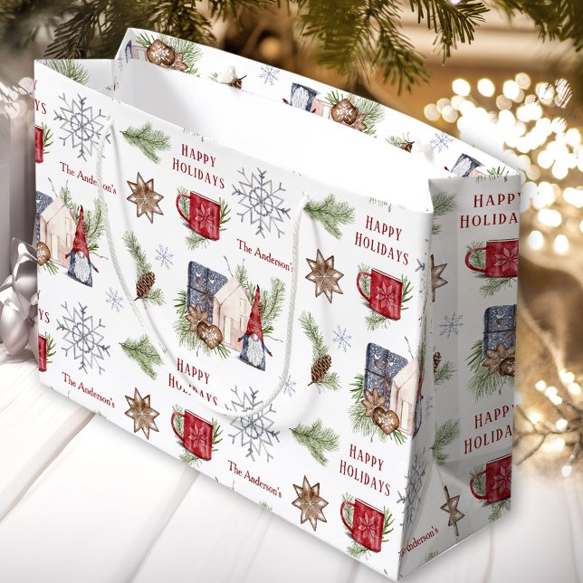Bolsa De Regalo Grande Nombre de vacaciones nórdicas de Hygge Navidades (Hygge Christmas Gnome Nordic Holidays Name Large Gift Bag)