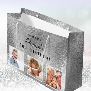 Bolsa De Regalo Grande Nombre del collage de fotos de plata de cumpleaños