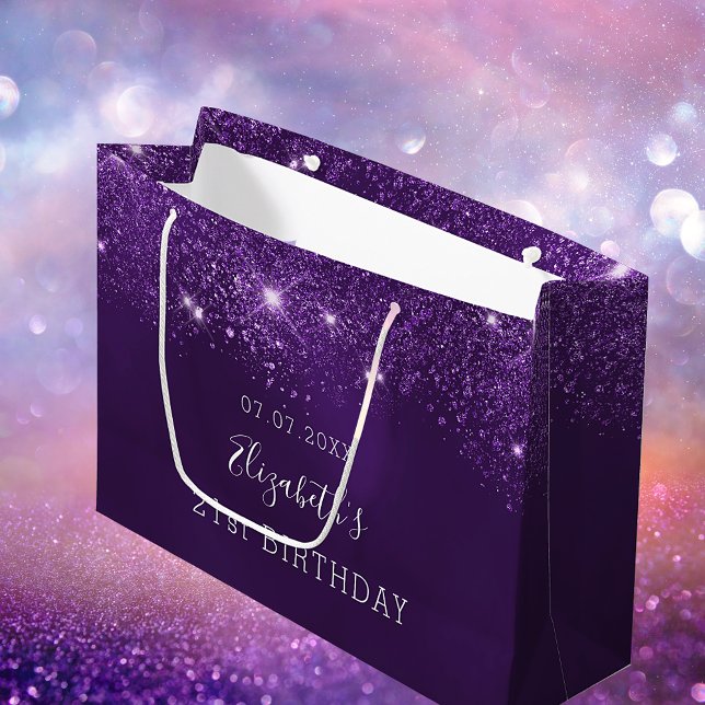 Bolsa De Regalo Grande Nombre del purpurina morado de la fiesta de cumple (Subido por el creador)