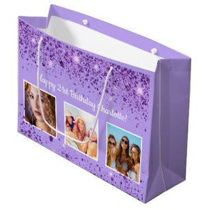 Bolsa De Regalo Grande Nombre del purpurina violeta de cumpleaños