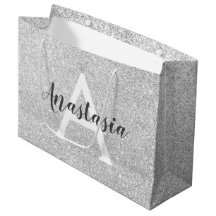 Bolsa De Regalo Grande Nombre Monograma del Purpurina Giram Glam Silver