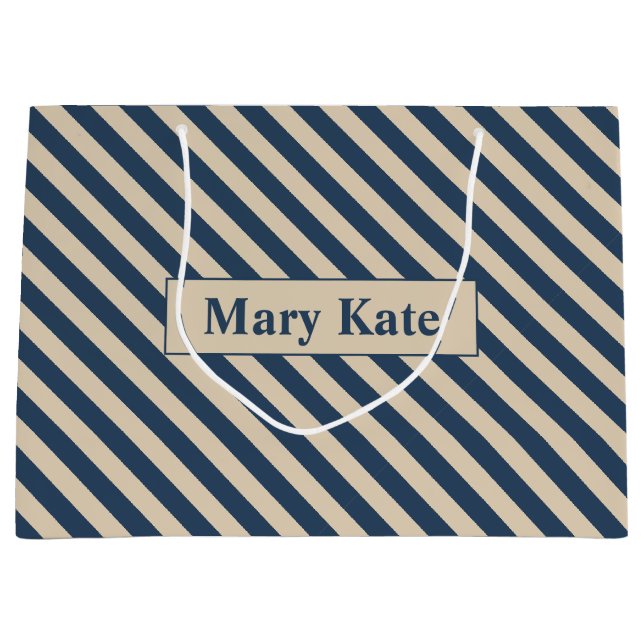 Bolsa De Regalo Grande Nombre personalizado Bandas azul/vainilla (Anverso)