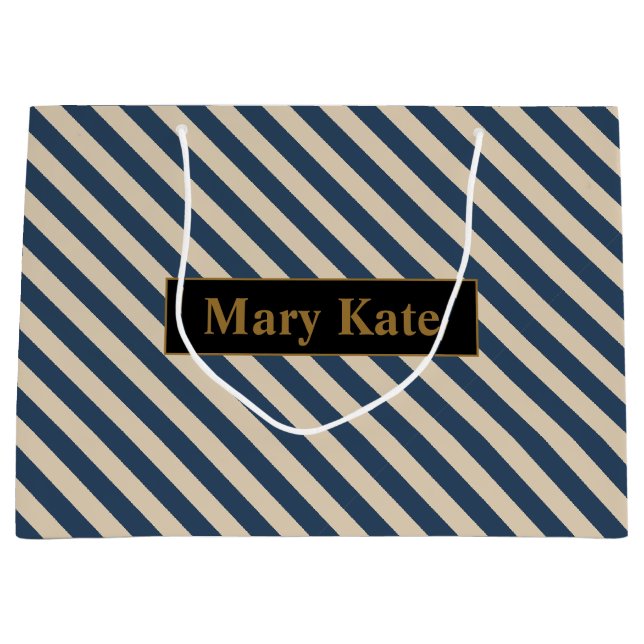 Bolsa De Regalo Grande Nombre personalizado Bandas azul/vainilla (Anverso)
