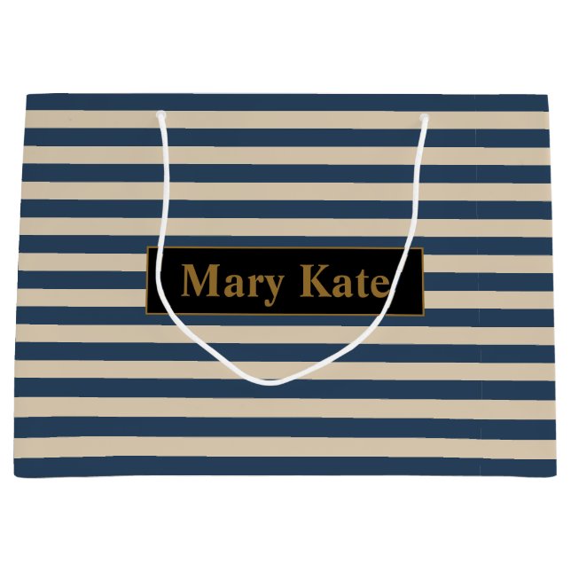 Bolsa De Regalo Grande Nombre personalizado Bandas azul/vainilla (Anverso)