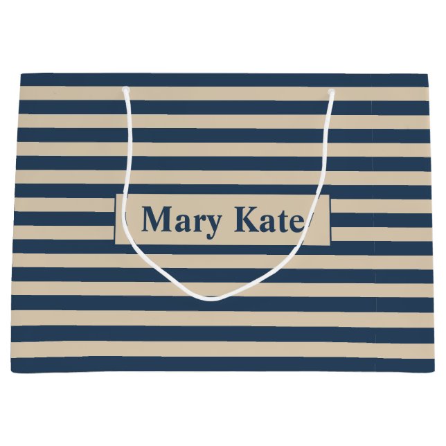 Bolsa De Regalo Grande Nombre personalizado Bandas azul/vainilla (Anverso)