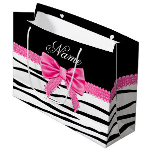 Bolsa De Regalo Grande Nombre personalizado cebra rayado arco rosa
